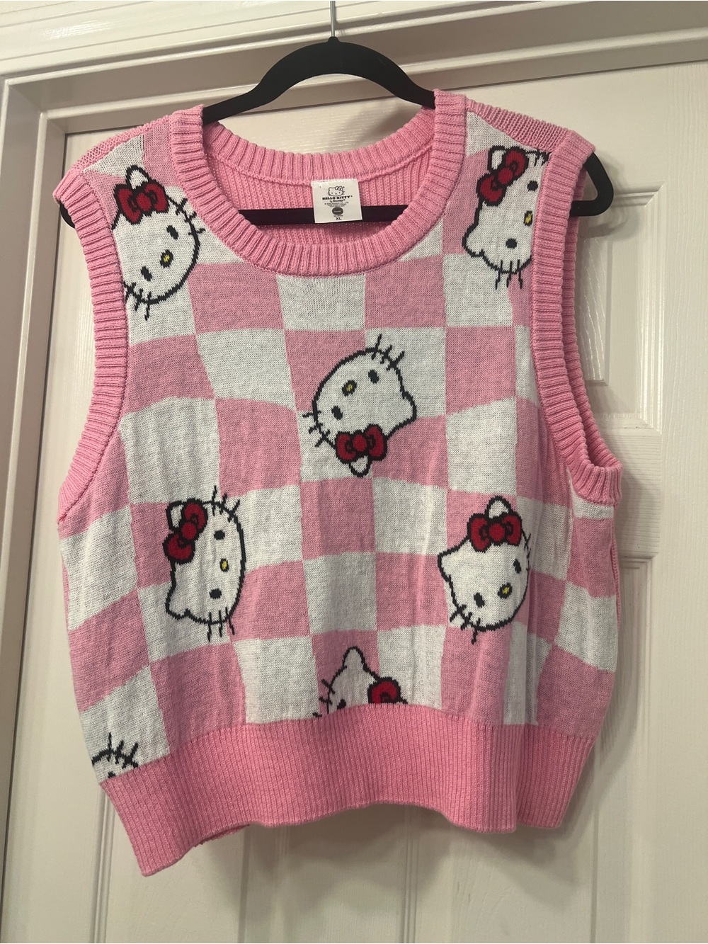 Hello Kitty Pink & White Checkerboard Knit Vest - woman